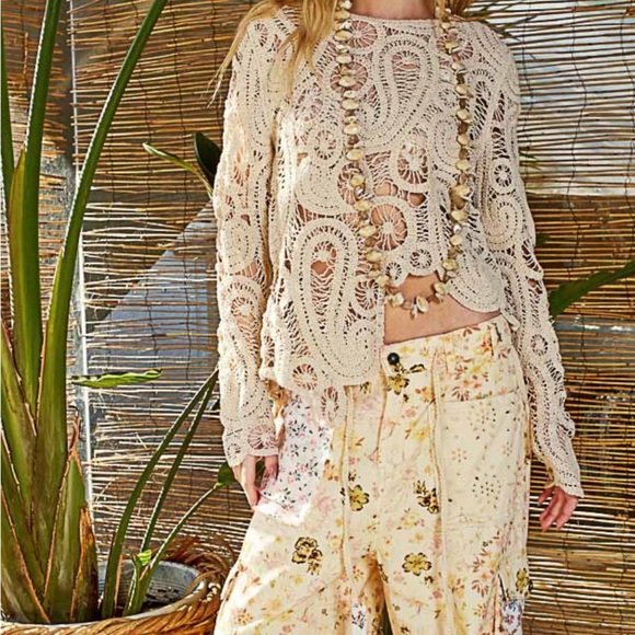 POL Tops - POL Natural Cotton Asymmetrical Long Sleeve Crochet Top Boho Beach